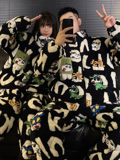 Crayon Shin-Chan Couple Pajamas for Women, Autumn and Winter, Three-Layer Quilted Coral Fleece, Thickened Men's Loungewear, Hunan Province Clothing