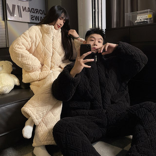 Пижамы для пар, женские, зимние, из кораллового флиса, утолщенные, с тремя слоями хлопка, однотонные, с эффектом премиум-класса, мужской комплект для дома.