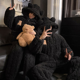 Пижамы для пар, женские, осенне-зимние, трехслойные, стеганые, из кораллового флиса, утолщенные и теплые, мужской комплект домашней одежды с капюшоном для зимы.