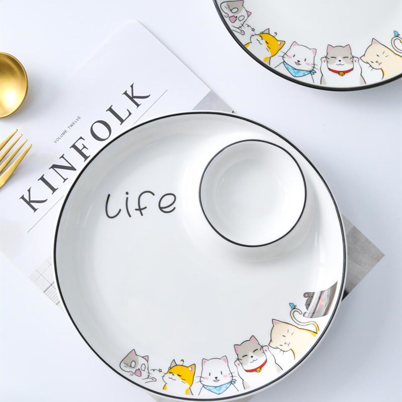 Japanese tableware dish plate household water dumpling plate with vinegar plate creative ceramic grid plate sushi plate color glaze