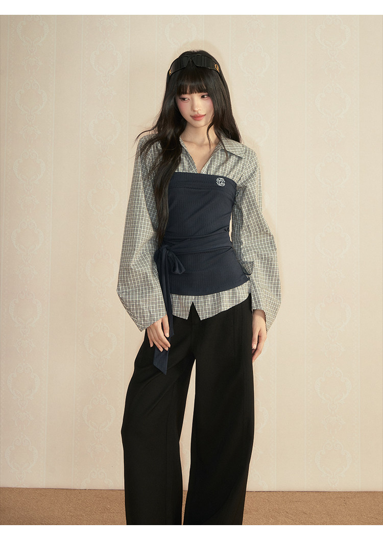 POPWEST Pink Plaid Layered-Look Wide-Leg Pants