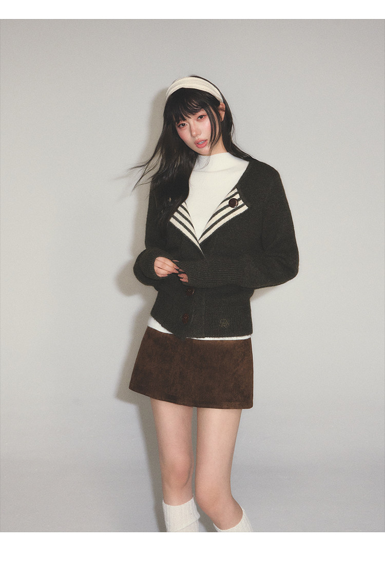 POPWEST Striped V-Neck Cropped Cardigan