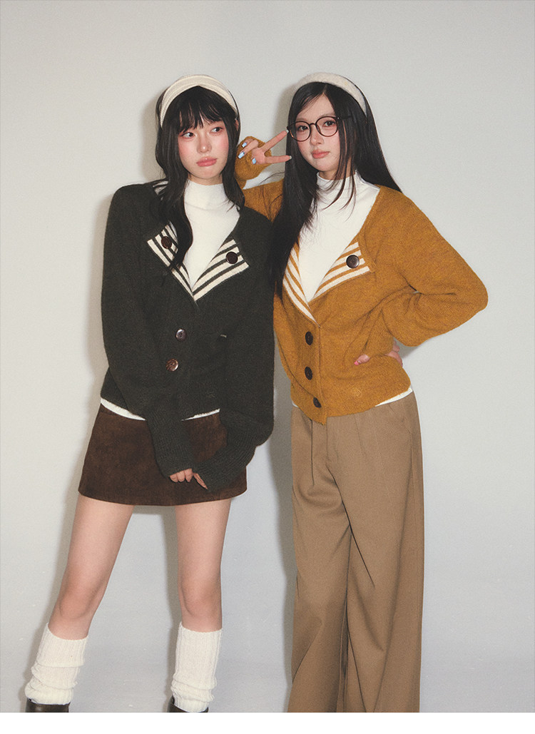 POPWEST Striped V-Neck Cropped Cardigan