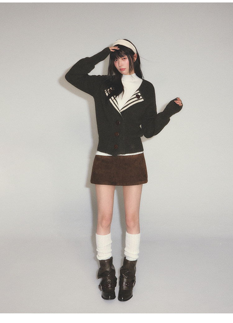 POPWEST Striped V-Neck Cropped Cardigan