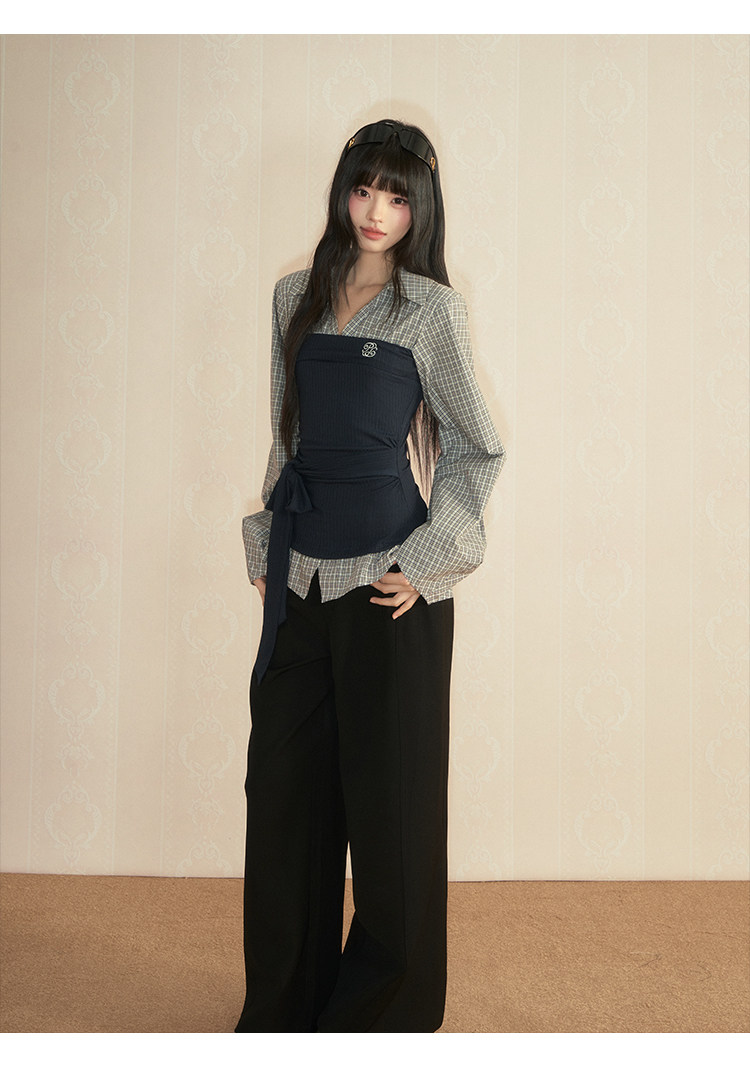 POPWEST Pink Plaid Layered-Look Wide-Leg Pants