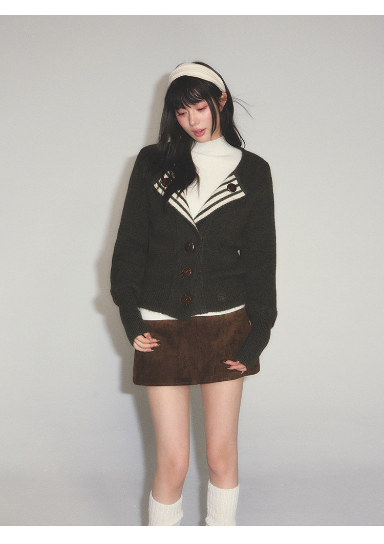POPWEST Striped V-Neck Cropped Cardigan