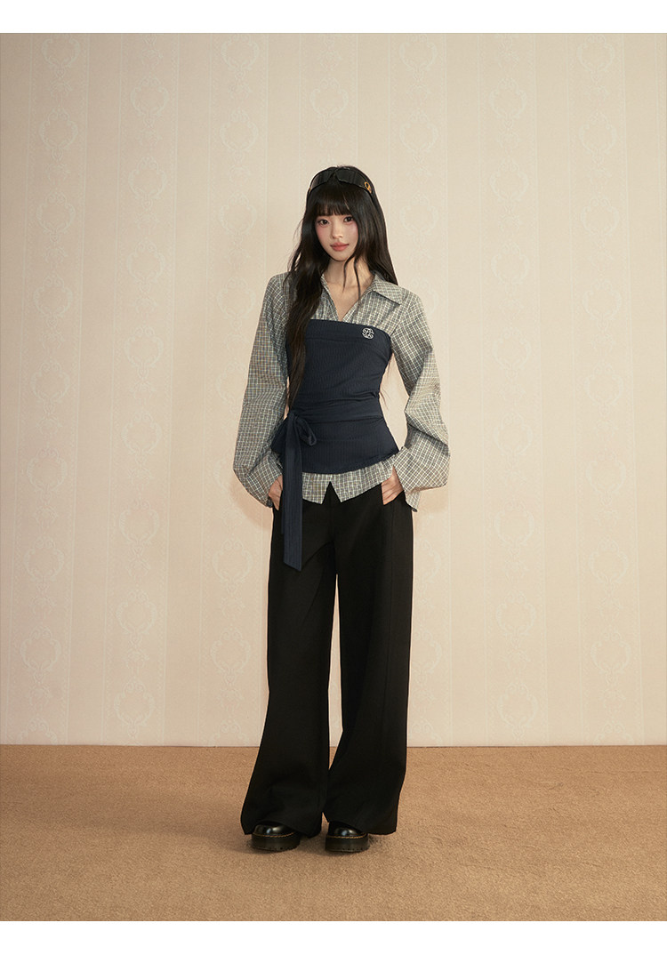 POPWEST Pink Plaid Layered-Look Wide-Leg Pants