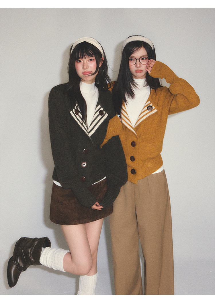 POPWEST Striped V-Neck Cropped Cardigan