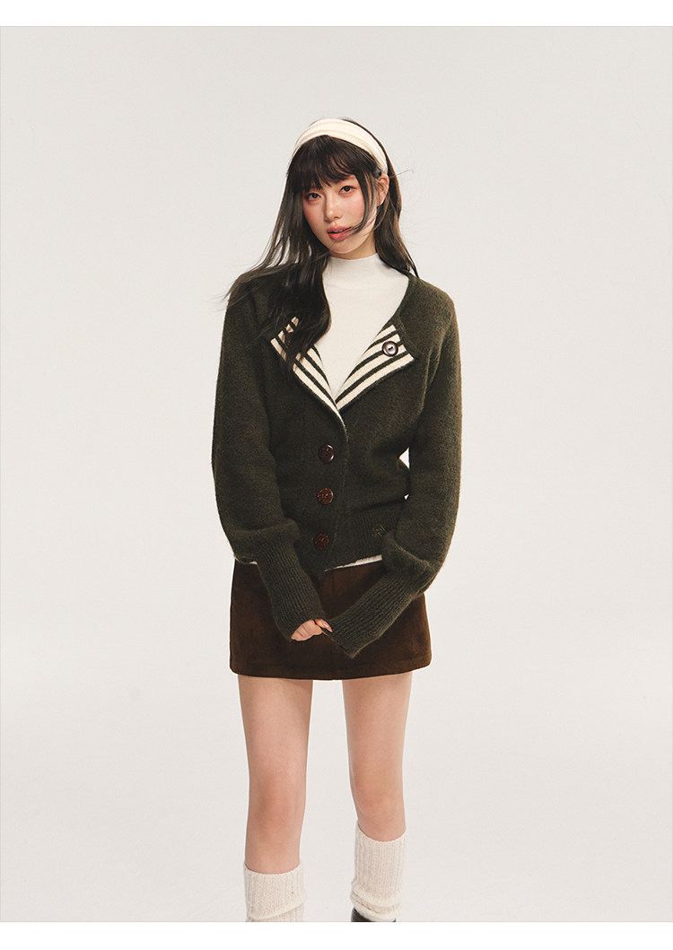POPWEST Striped V-Neck Cropped Cardigan