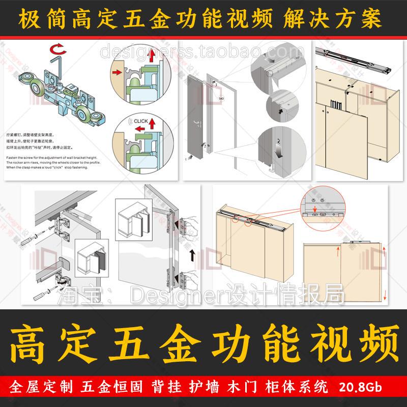 Minimalist High-End Hardware Functional Video Solution Text: Wooden Door Back-Mounted Henggu Wall Protection System, Hanging Cabinet, Island Table Hardware System