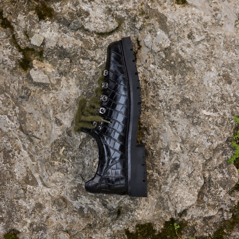 Cricle Cage Crocodile Embossed Genuine Leather Hiking Derby Color-Block Casual Street Leather Shoes