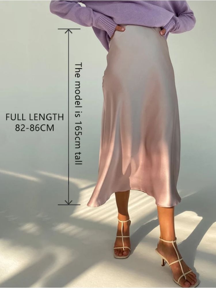 Women High Waisted Skirt Silk Satin Skirts A- Line Elegant S