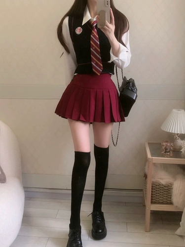 Жилет, студенческая юбка в складку, комплект, демисезонная оригинальная рубашка, в американском стиле, с акцентом на бедрах