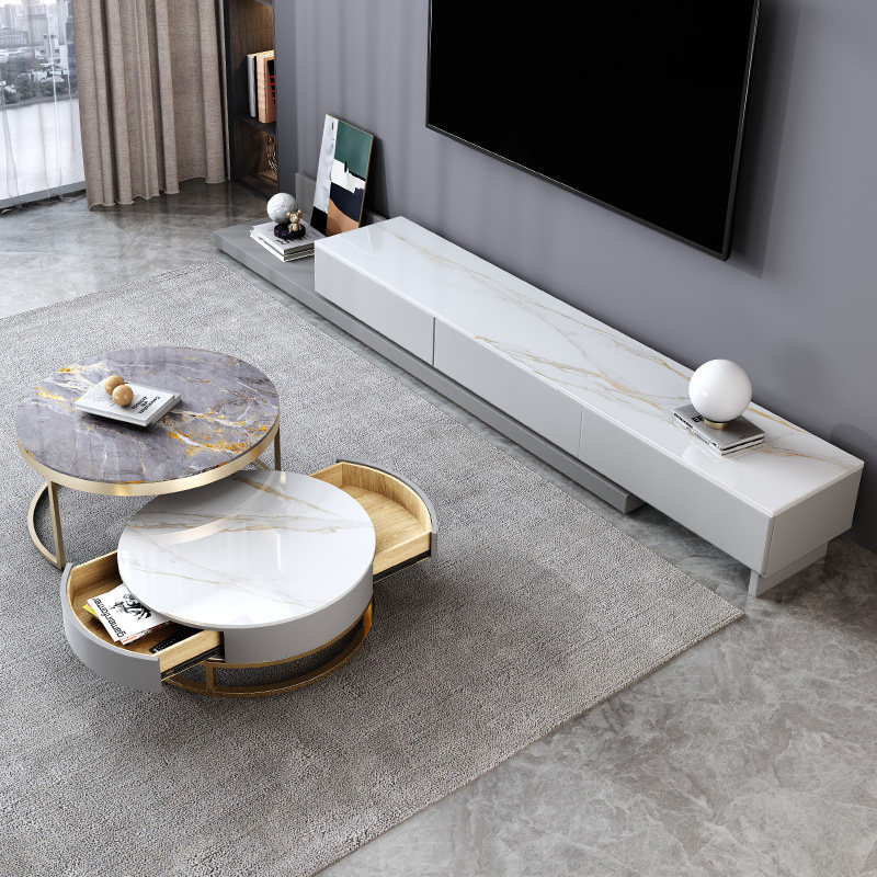 Slab tea table TV cabinet combination small apartment light luxury modern living room 3 meters long telescopic floor TV cabinet