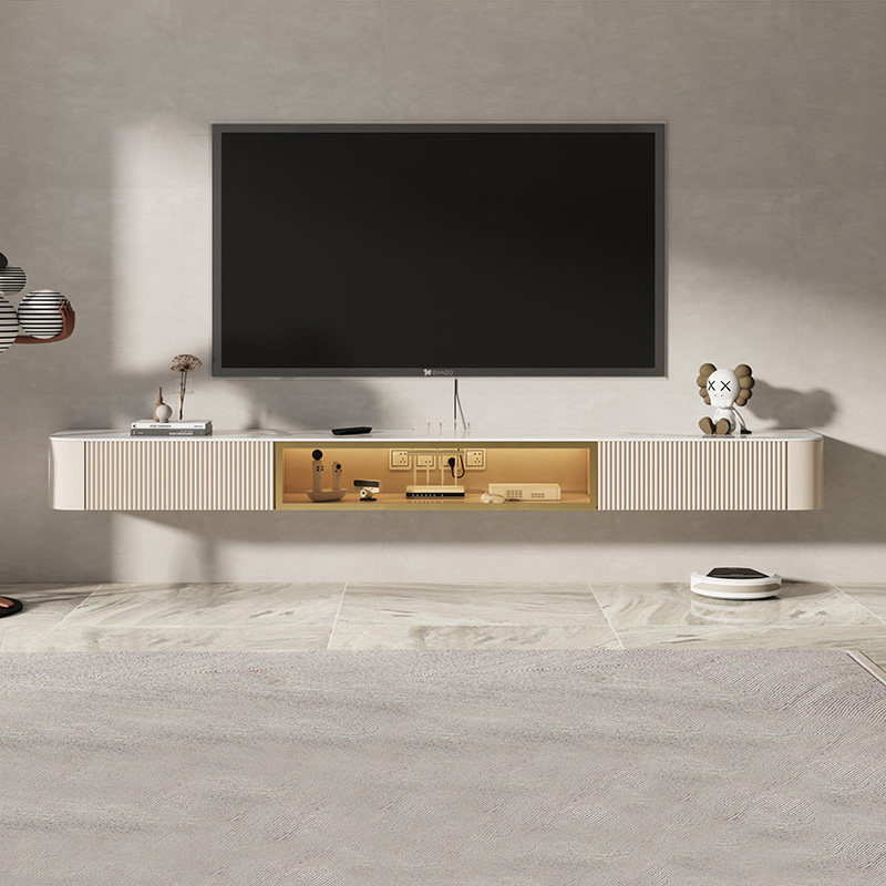 Light luxury tea table TV cabinet combination modern living room thin section solid wood cream wind rock board wall hanging TV cabinet