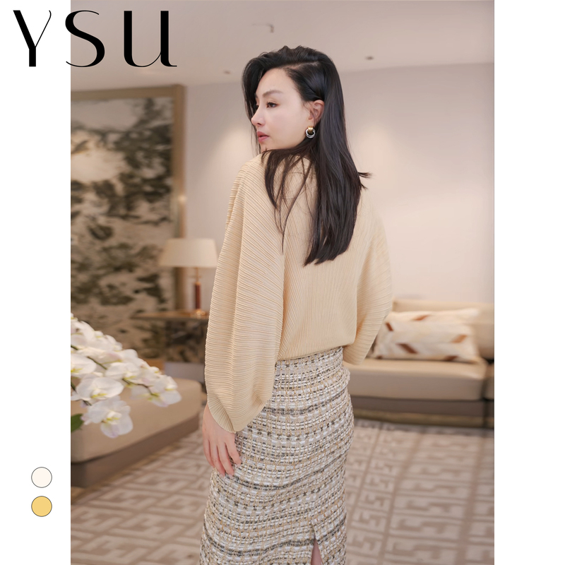 【Ysu】Yushu One-Line Neckline Radial Pattern Knit Sweater Loose and Casual Batwing Sleeve Top Yc2603087