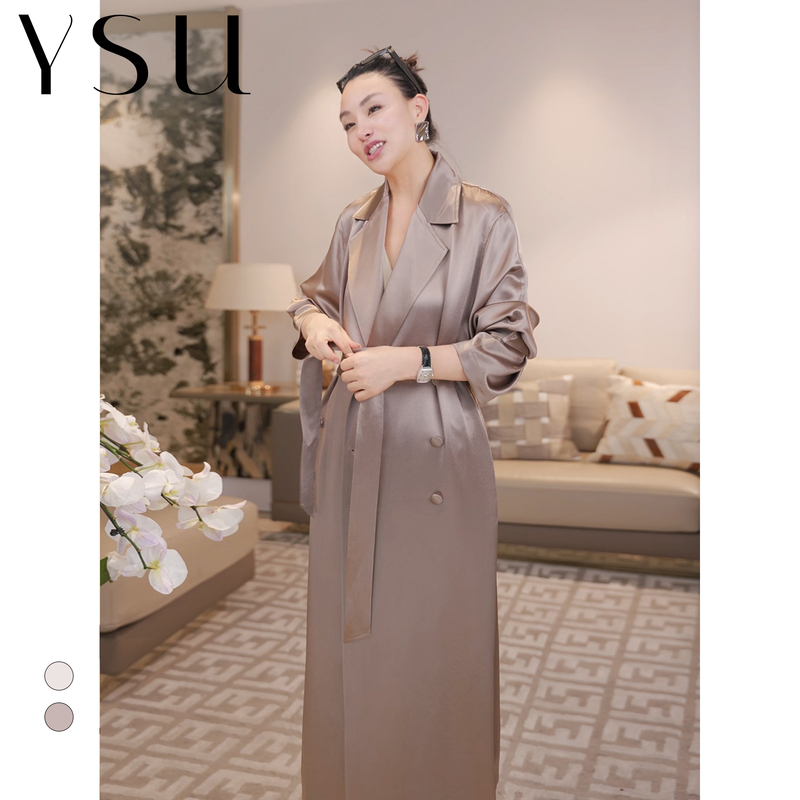 【Yu Shu】Satin Finish Champagne-Colored Satin Trench Coat with Drape Effect, Double-Breasted, Belted Long Coat Yc2601024