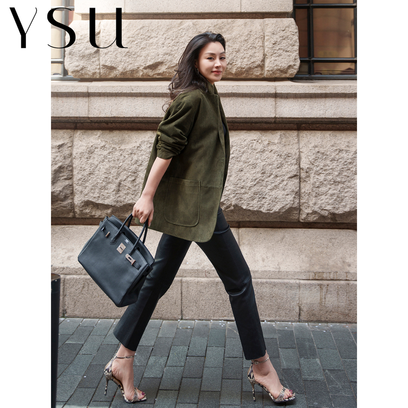 【Ysu】Miller Retro Lambskin Collarless Blazer for Women, Olive Green, Slimming Commuter Jacket Yc2603045