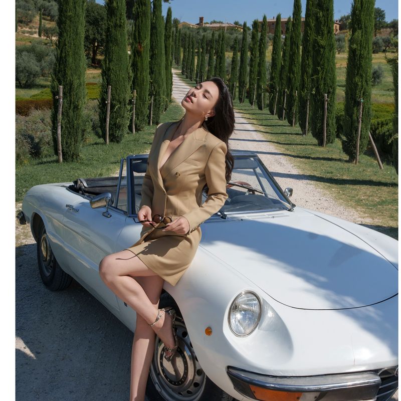 Ysu Old Money Style Suit Dress with Neat Lapels, Slim Fit, Mid-Length Suit Dress Yq260817