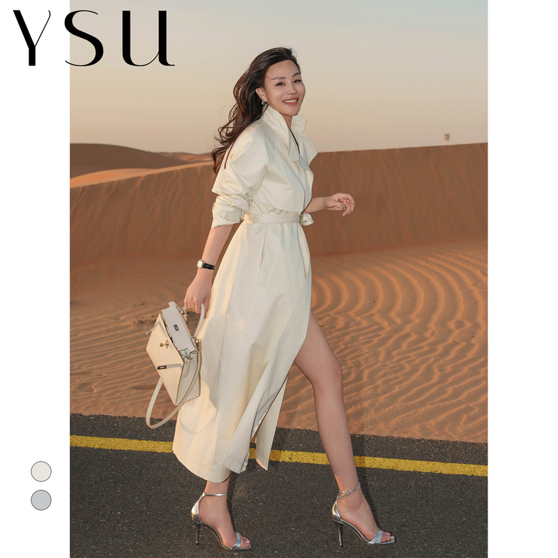 【Ysu】Pure Cotton Trench Coat for Women, Long Style, Spring and Autumn, Waist-Cinching, Slimming, with Tie, Versatile for Commuting, Coat Yc2603028