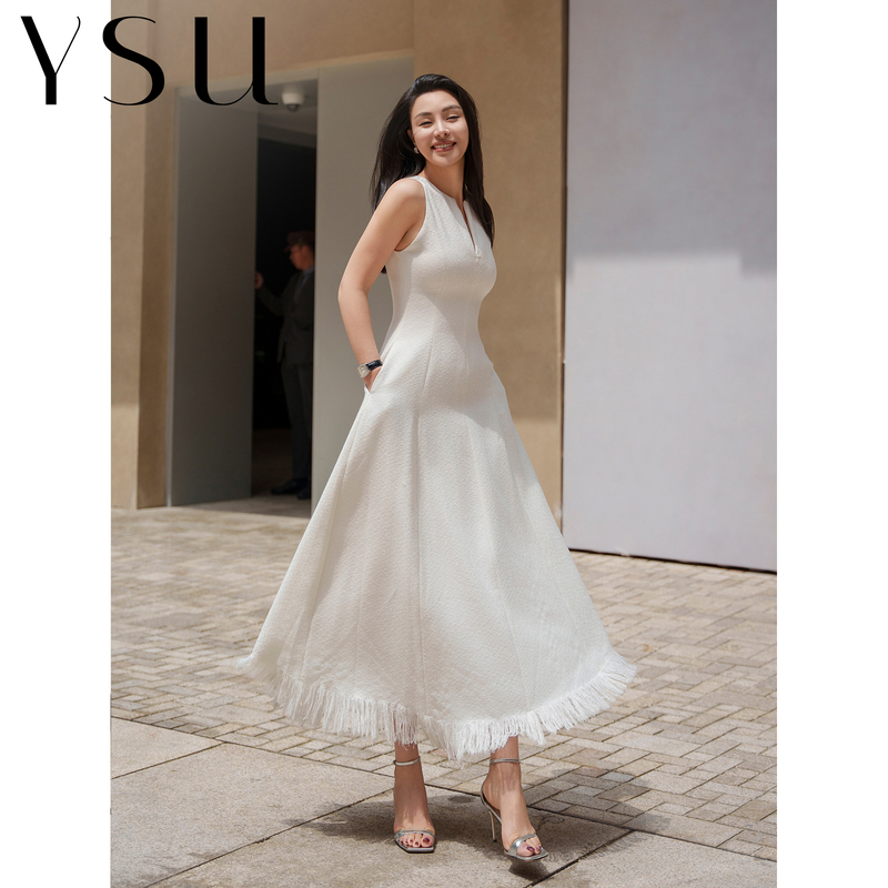 [Rest Stock] Ysu Sleeveless Tassel Flared Dress with Waist-Cinching Design, Slimming and Elegant Long Dress Yx260413