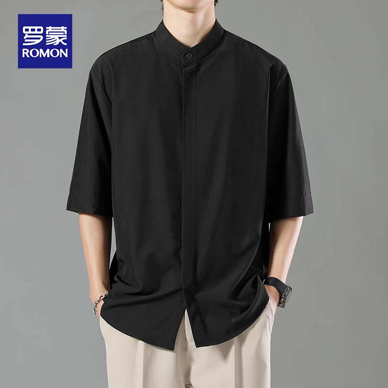 Romon 新中国風スタンドカラーメンズシャツ 半袖 夏用アイスシルク スタイリッシュメンズ服 七分袖 ノーカラーシャツ