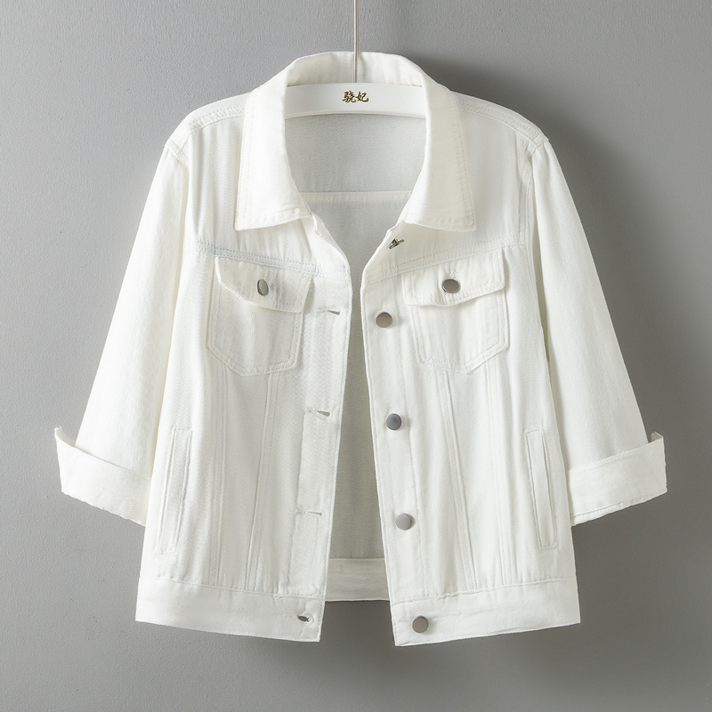 White Denim Jacket for Women, Short Style, 2026 Spring/Summer, Three-Quarter Sleeves, Turn-Down Collar, Double Pockets, Versatile, Loose-Fitting Jacket Top White Denim Jacket for Women, Short Style, 2026 Spring/Summer, Three-Quarter Sleeves, Turn-Down Collar, Double Pockets, Versatile, Loose-Fitting Jacket Top