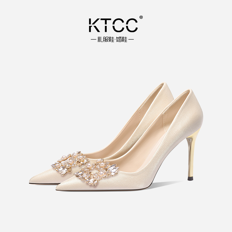 Ktcc French-Style Wedding Crystal Bridal Shoes, Dual-Use High Heels for Both Traditional and Western-Style Wedding Dresses, Comfortable for Feet, Banquet Bridesmaid Shoes