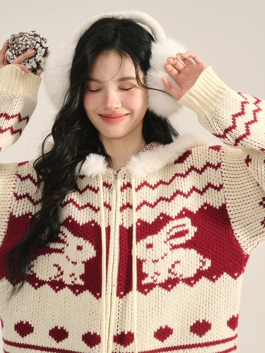 Оригинальный дизайнерский трикотажный атмосферный свитер с капюшоном с молнией