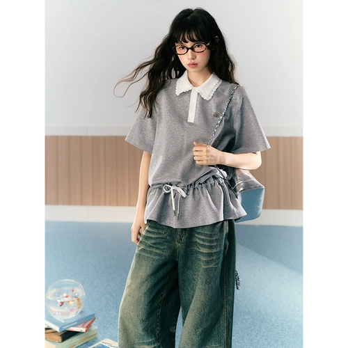 Оригинальная дизайнерская футболка polo, свободный крой, на шнурках