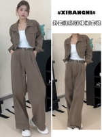 Куртка, штаны, осенний комплект, рубашка, высокая талия, свободный прямой крой, легкий роскошный стиль