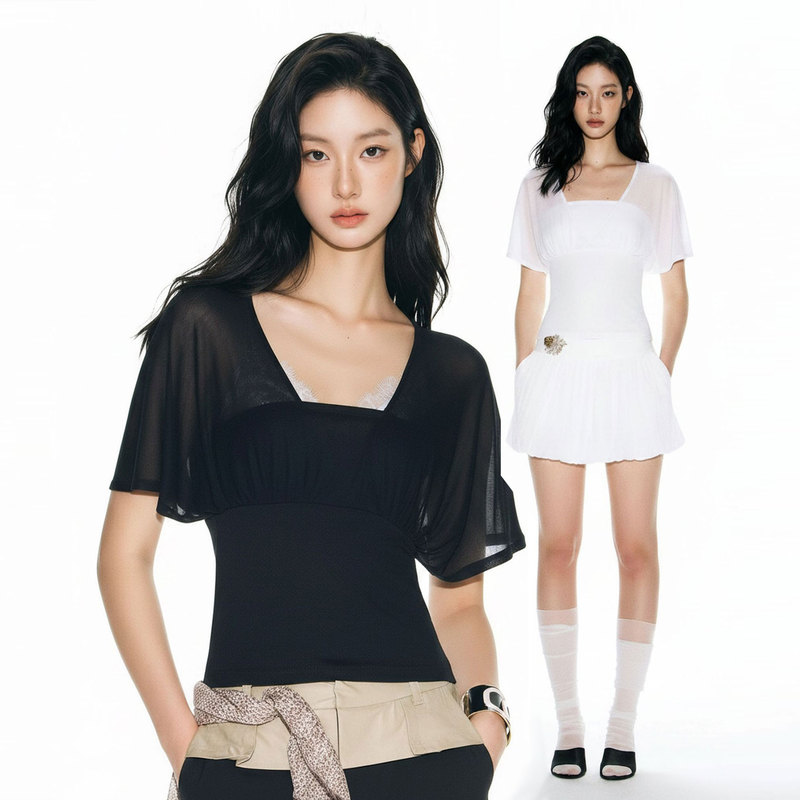 In Stock, Quick Delivery, Fake Two-Piece Wrinkled Lyocell Tencel Slim-Fit Slimming Short-Sleeve T-Shirt with Elegant Design for Women