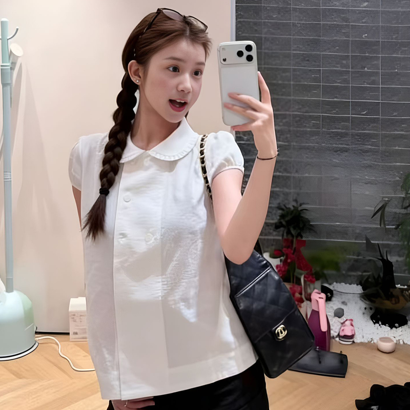 Fot (Fetish Online) Style, 100% Cotton Shell Button Double-Breasted Pleated Collar Detail Babydoll Top, Loose Fit, Two-Tone Fot (Fetish Online) Style, 100% Cotton Shell Button Double-Breasted Pleated Collar Detail Babydoll Top, Loose Fit, Two-Tone