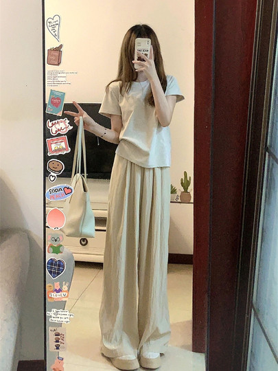 慵懒风休闲运动套装女夏季新款宽松显瘦韩版时尚短袖阔腿裤两件套