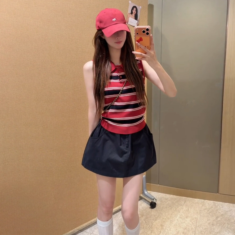 Striped Polo Collar Vest Short Skirt Sports Suit for Women Summer New Slim Fashion Korean Style Student Casual Two-Piece Set Striped Polo Collar Vest Short Skirt Sports Suit for Women Summer New Slim Fashion Korean Style Student Casual Two-Piece Set