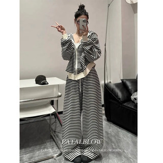 高级感休闲运动套装女秋季学生宽松韩版时尚条纹卫衣阔腿裤两件套