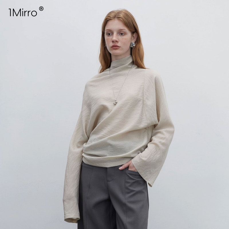 1Mirro2025 New Autumn French-Style Loose Turtleneck Long-Sleeve T-Shirt for Women, Elegant, Simple, Casual Top, Lazy Style