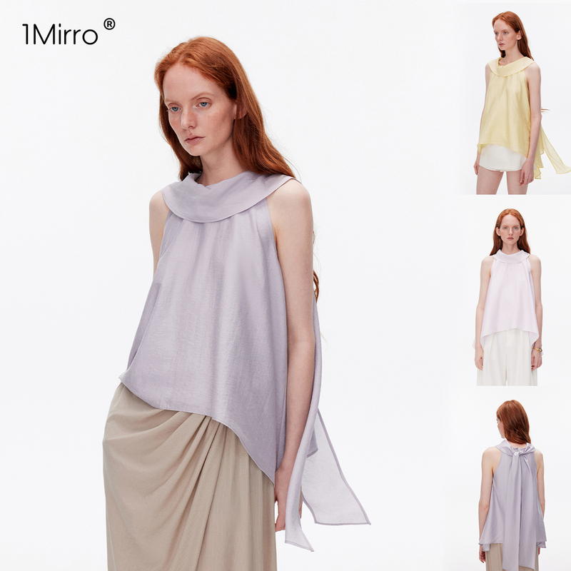 1Mirro2026 Summer French-Style Gentle Vacation High-Neck Sleeveless Halter Neck Vest with Irregular Hem and Ribbon Trim