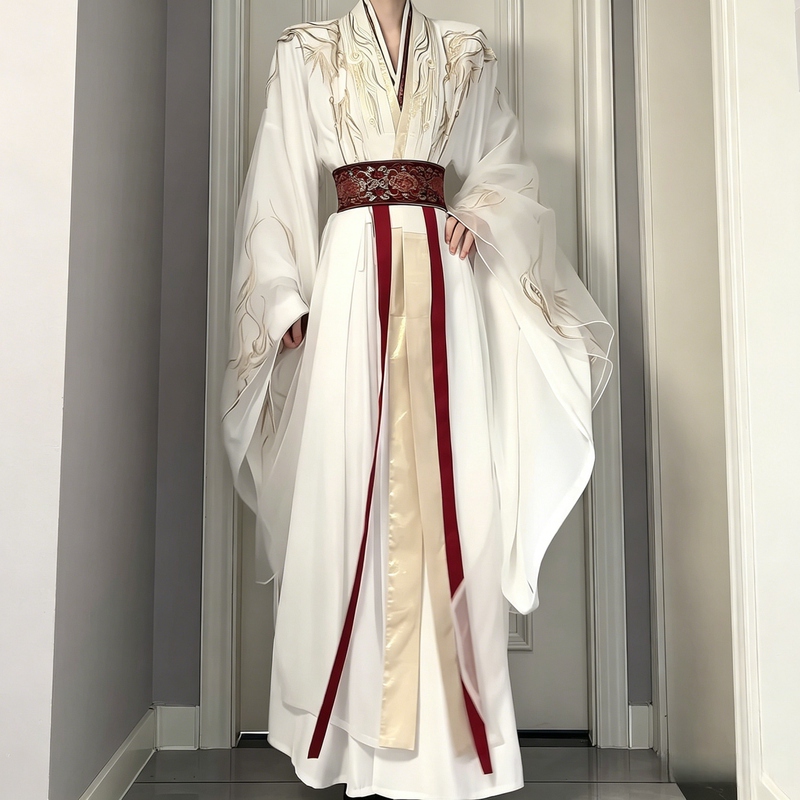 Hanfu Mixed with Wei and Jin Dynasty Style, Unisex Long Shirt with Large Sleeves, Waist Belt, National Style White and Gold Set, Han Elements Ancient Costume