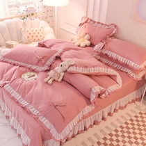 Net Red All-cotton Princess Wind Lace Bedside Bed Skirt 4 pieces Girl Hearts Pure Cotton Linen Butterfly Knot Bedding bedding