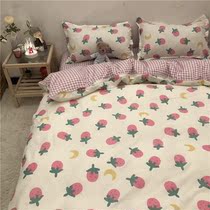 ins wind pink strawberry washed cotton bed four sets of beds single student three sets of teenage girl hearts quilt cover 1 5m