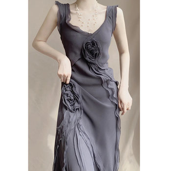 French retro design rose suspender dress female summer new fashion age reduction waist temperament long skirt