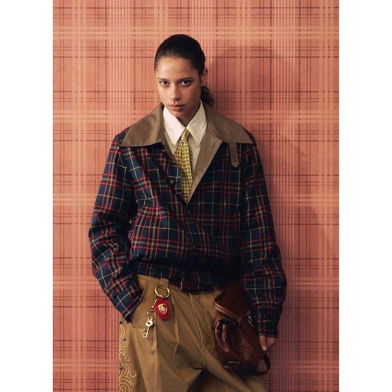 Openfly* Retro American Plaid Stand-Up Collar Contrast Color Jacket, Dropped Shoulder Elastic Hem, Bronze Buckle Short Jacket
