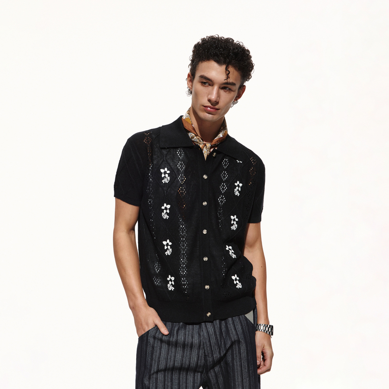 Openfly* New Aristocratic Style Three-Color Linen Lyocell Polo Collar T-Shirt Layered with Hollow Embroidery Cardigan Openfly* New Aristocratic Style Three-Color Linen Lyocell Polo Collar T-Shirt Layered with Hollow Embroidery Cardigan