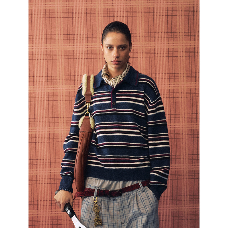 Openfly* Retro Preppy Style Striped Polo Collar Knitwear Layered with a Lazy, Casual and Versatile Sweater