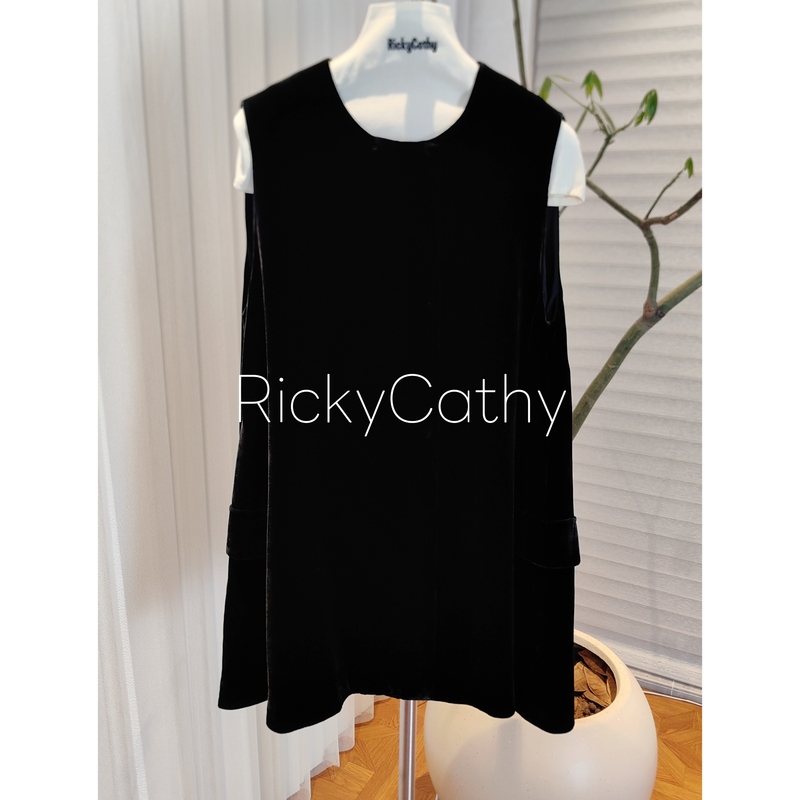 [Zhang Aimi] Silk Velvet Vest Dress, Mid-Length Vest, Simple Round Neck, Loose Sleeveless Outerwear