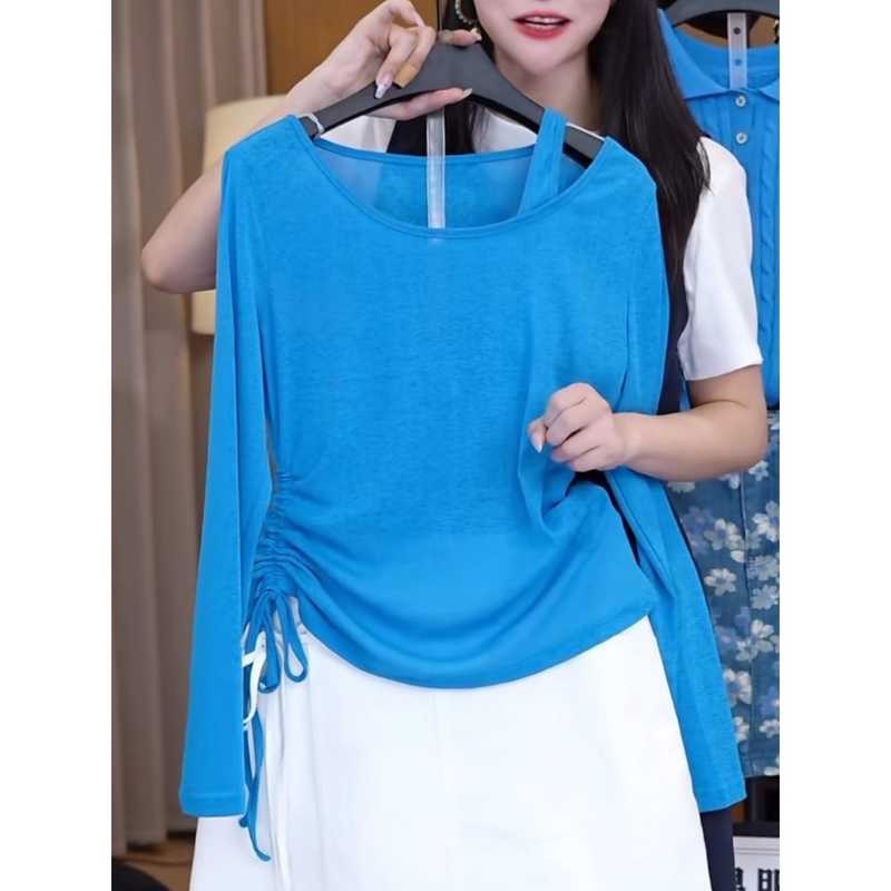 2026 Summer New Design Strapless Long-Sleeve T-Shirt for Women, Blue, Loose-Fitting, Sun-Protective Blouse for Commuting