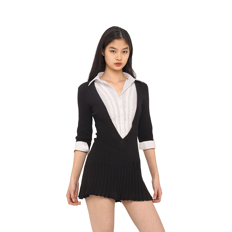 Sweetchilling Shirt Collar Patchwork V-Neck Pleated Dress for Late Autumn