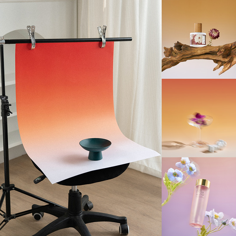 両面グラデーション背景紙オリジナル写真背景ボードメイクアップとスキンケア製品ジュース静物製品写真