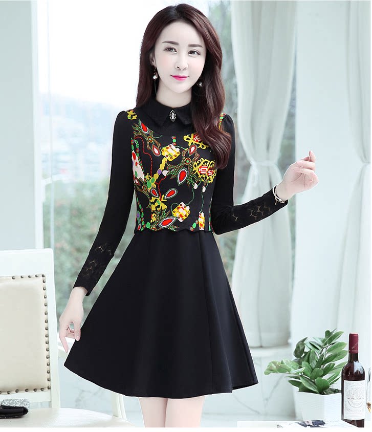 秋季中年女装妈妈穿的连衣裙长袖长款印花打底裙女式显瘦A字群子